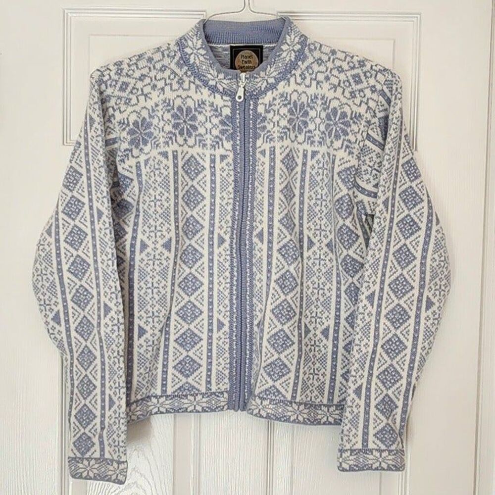 NWOT Planet Earth Fair Isle Design Sweater Zip Front Sz M Blue